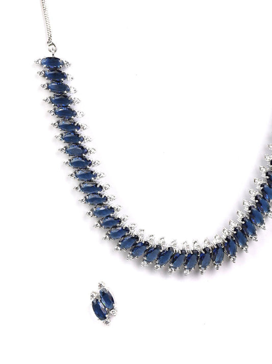 Priyaasi Women Blue American Diamond Silver Plated Jewellery Set - Grab2buy