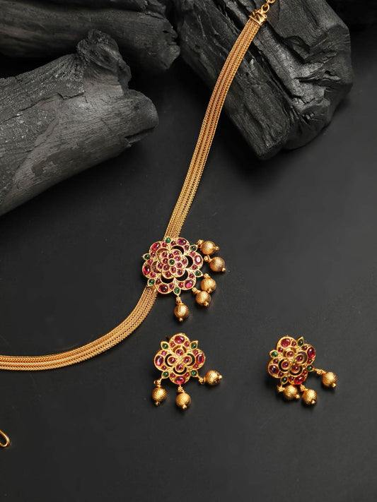 Priyaasi Women Kemp Stones Gold Plated Floral Jewellery Set - Grab2buy