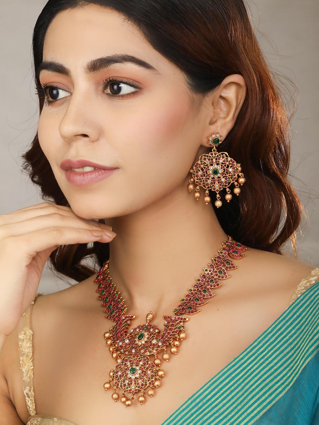 Priyaasi Women Multi-Color Kemp Stones American Diamond Gold Plated Jewellery Set - Grab2buy