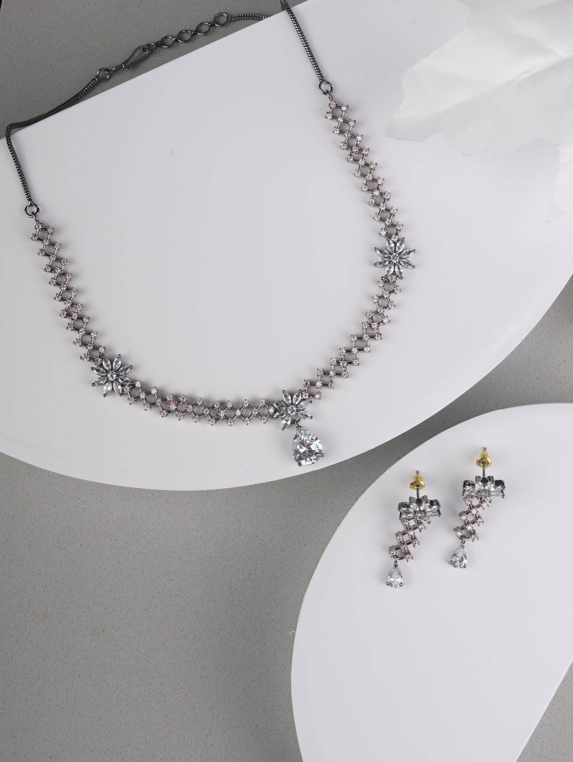 Priyaasi Women Grey American Diamond Cubic Zirconia Gun Metal Plated Jewellery Set - Grab2buy