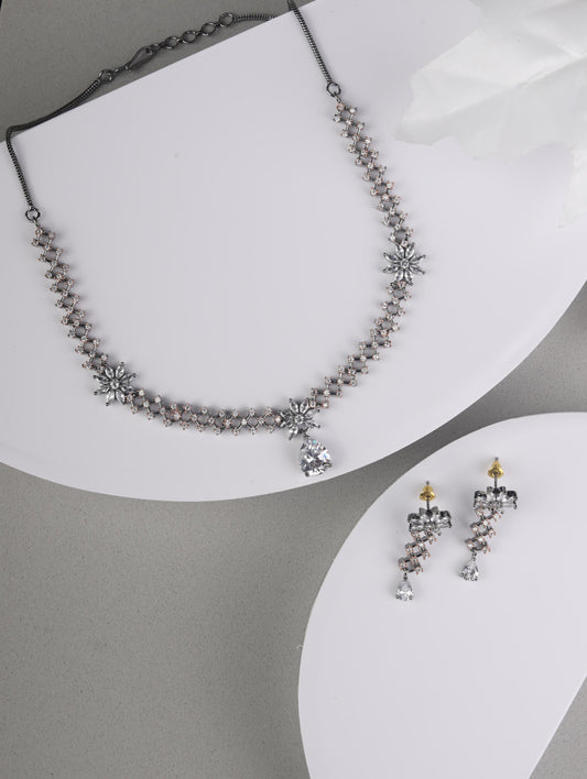 Priyaasi Women Grey American Diamond Cubic Zirconia Gun Metal Plated Jewellery Set - Grab2buy