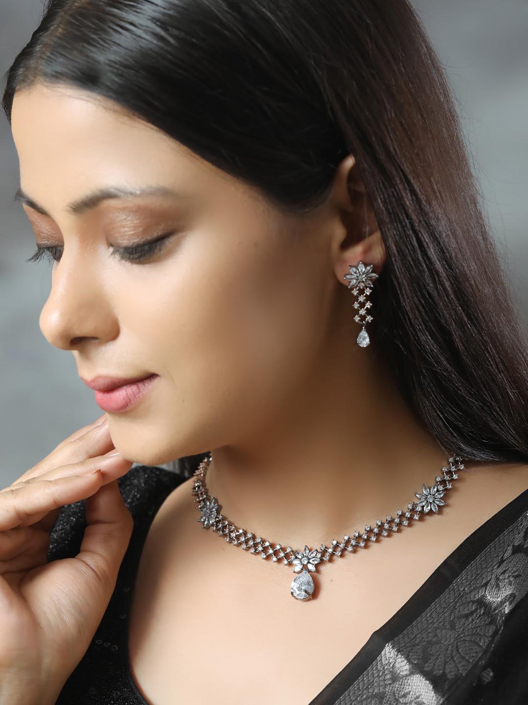 Priyaasi Women Grey American Diamond Cubic Zirconia Gun Metal Plated Jewellery Set - Grab2buy