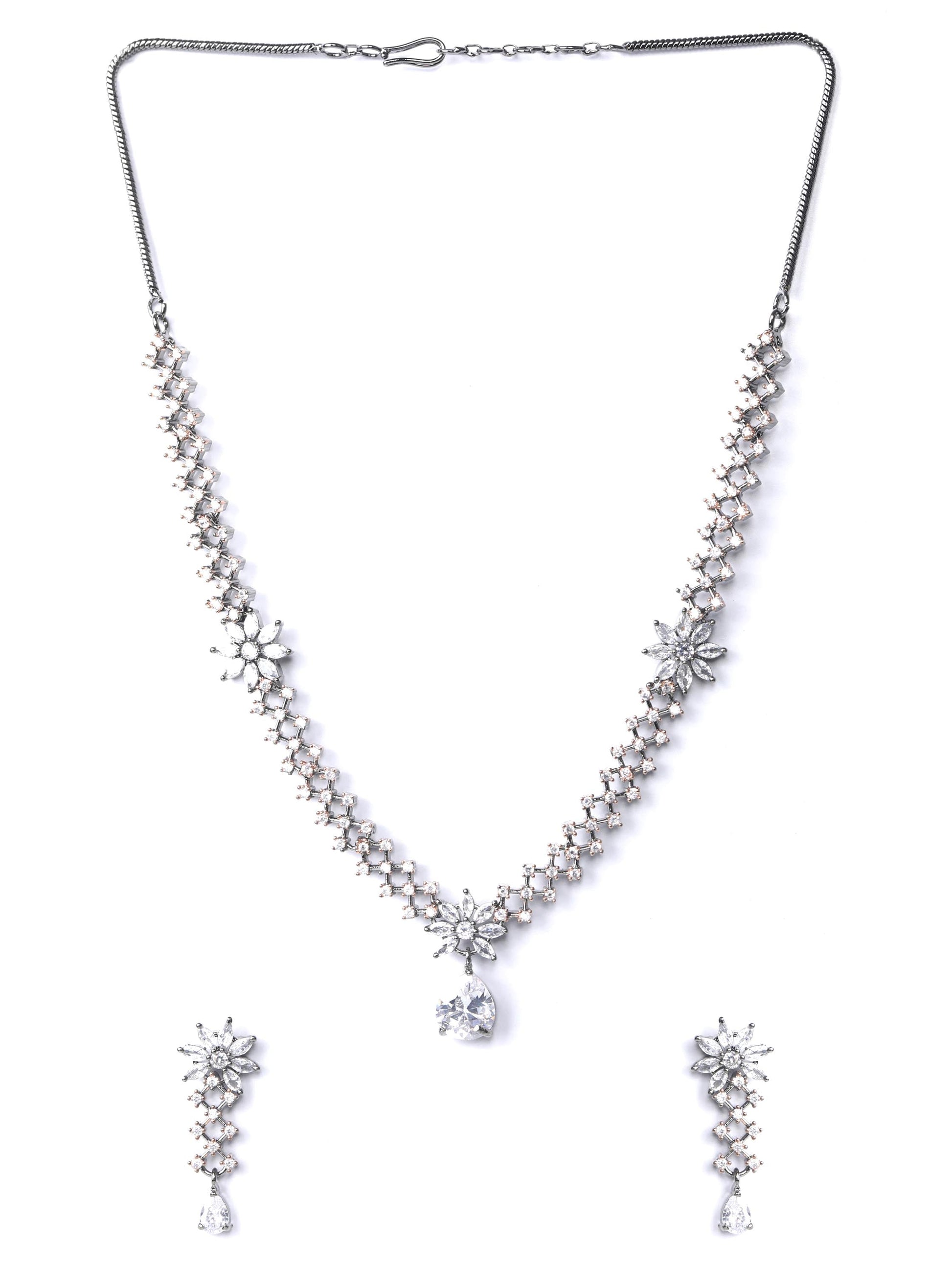 Priyaasi Women Grey American Diamond Cubic Zirconia Gun Metal Plated Jewellery Set - Grab2buy