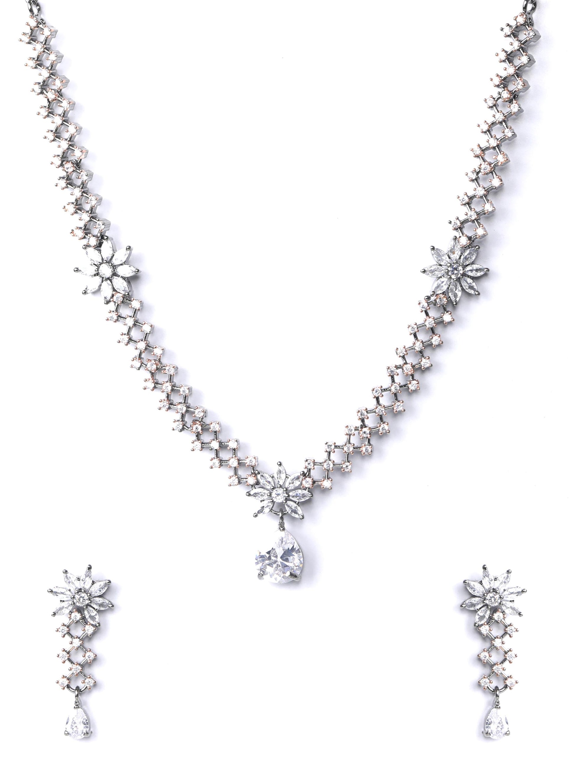 Priyaasi Women Grey American Diamond Cubic Zirconia Gun Metal Plated Jewellery Set - Grab2buy