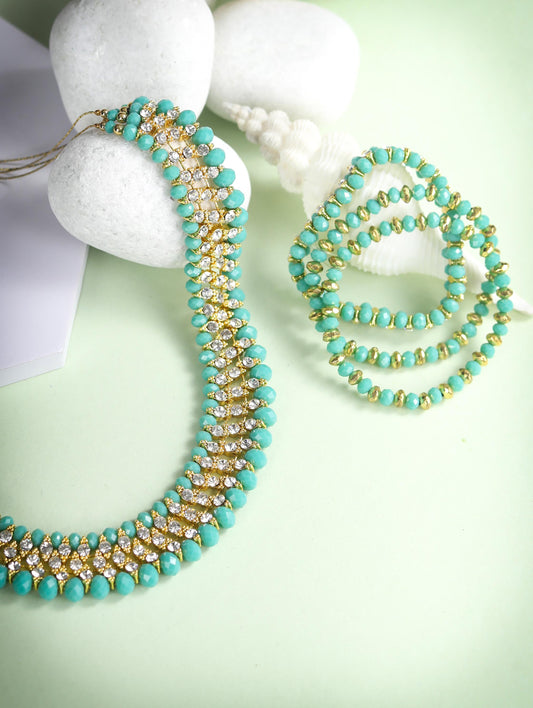 Priyaasi Women Mint Green Cubic Zirconia Stones Studded Gold-Polished Jewellery Set with Bracelet | Grab2Buy