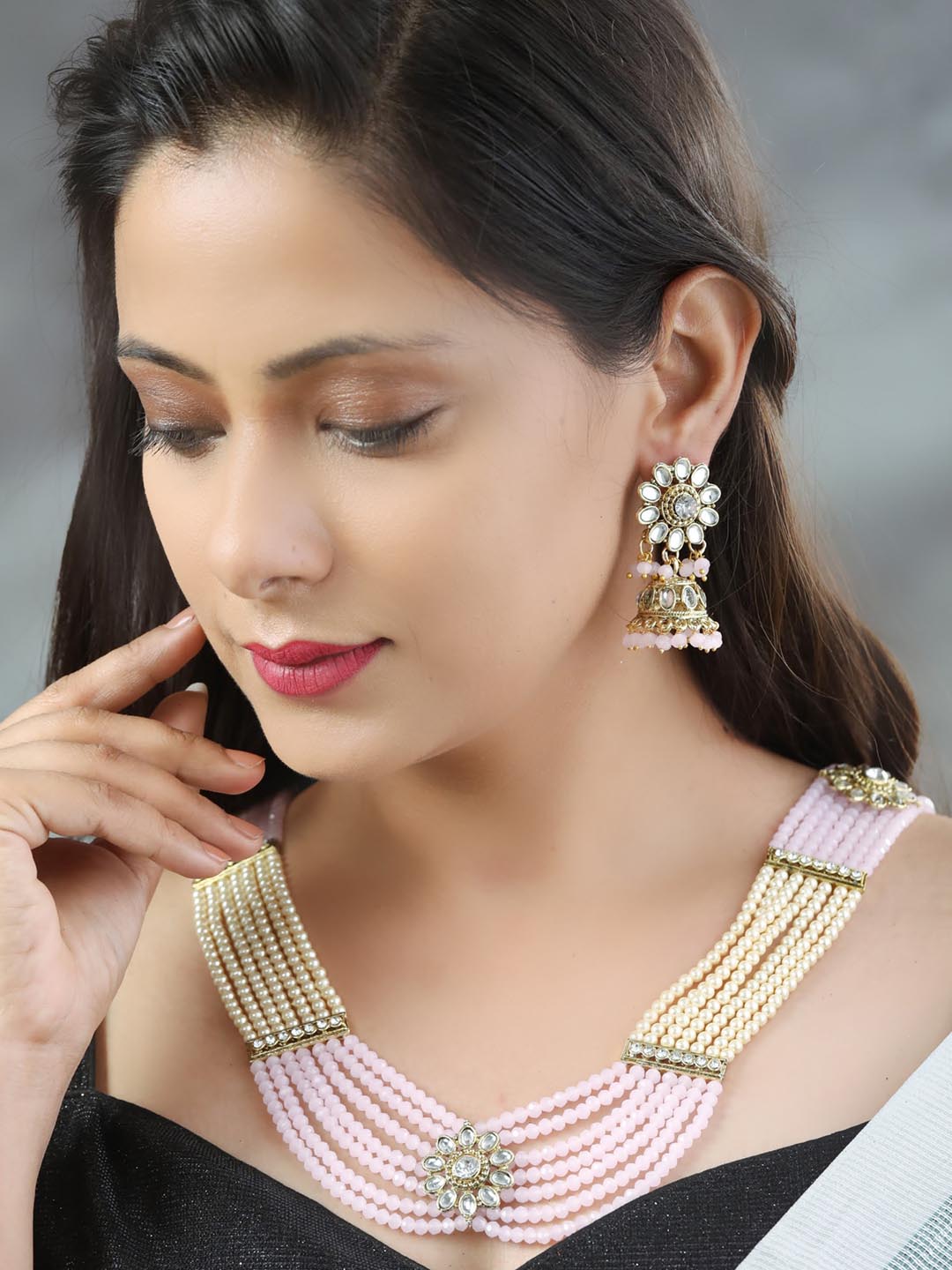 Priyaasi Women Pink Kundan Gold Plated Raani Haar Jewellery Set - Grab2buy