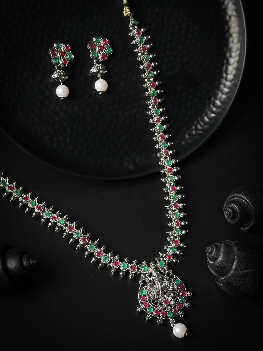 Priyaasi Women Green Ruby Emerald German Silver Plated Jewellery Set - Grab2buy