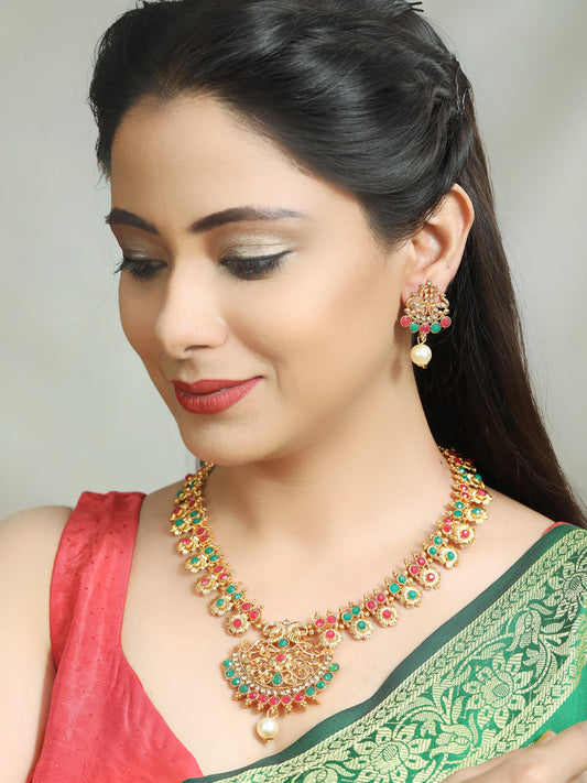 Priyaasi Women Green Kemp Stones Pearls Gold Plated Jewellery Set - Grab2buy