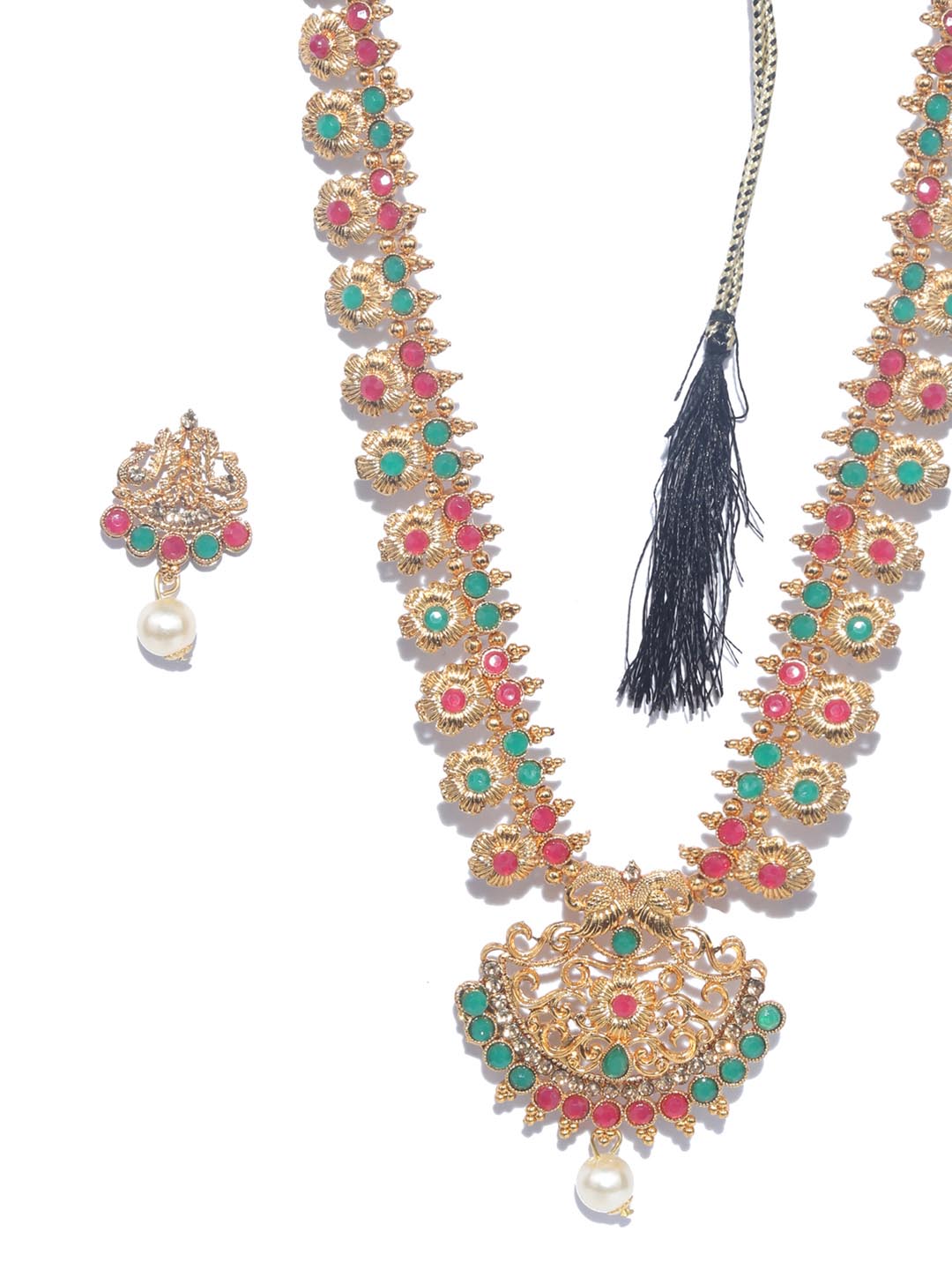 Priyaasi Women Green Kemp Stones Pearls Gold Plated Jewellery Set - Grab2buy