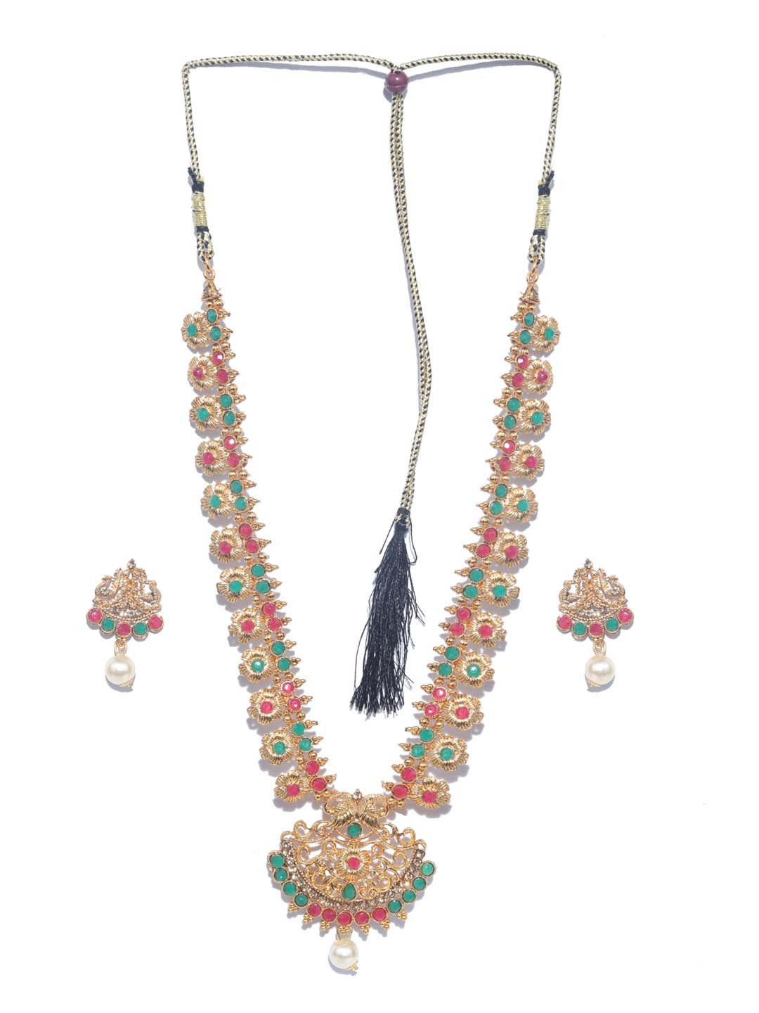 Priyaasi Women Green Kemp Stones Pearls Gold Plated Jewellery Set - Grab2buy