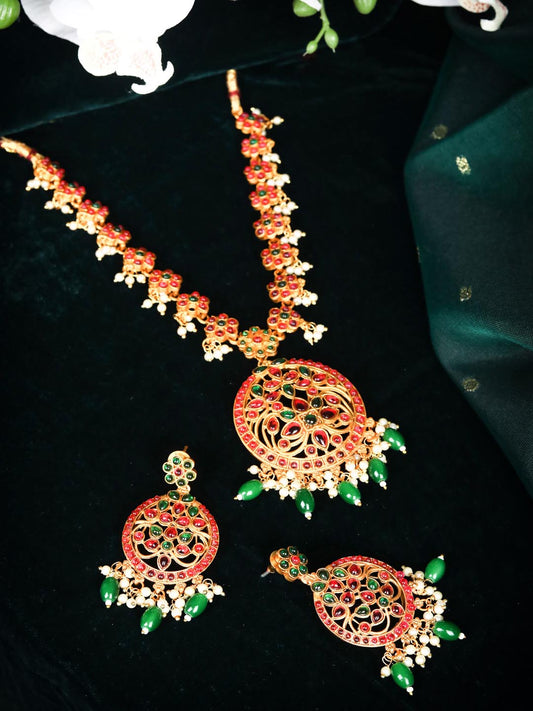Priyaasi Women Green Ruby Kemp Stones Gold Plated Jewellery Set - Grab2buy