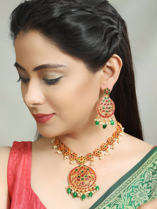 Priyaasi Women Green Ruby Kemp Stones Gold Plated Jewellery Set - Grab2buy