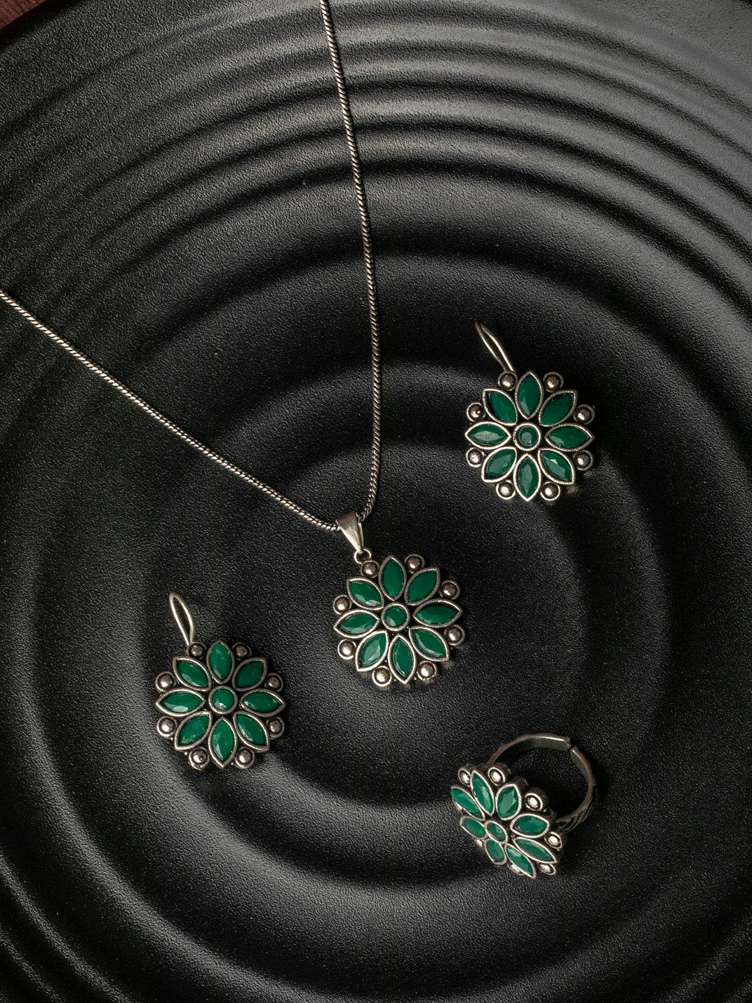 Priyaasi Women Green Floral Silver Plated Jewellery Set - Grab2buy