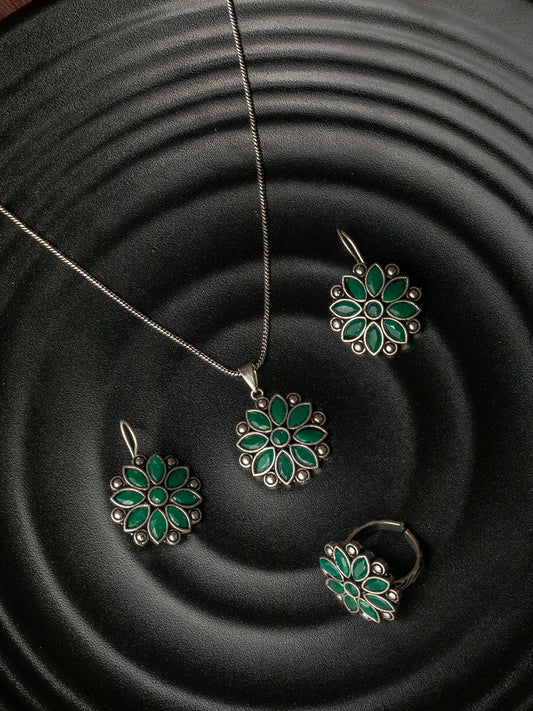 Priyaasi Women Green Floral Silver Plated Jewellery Set - Grab2buy