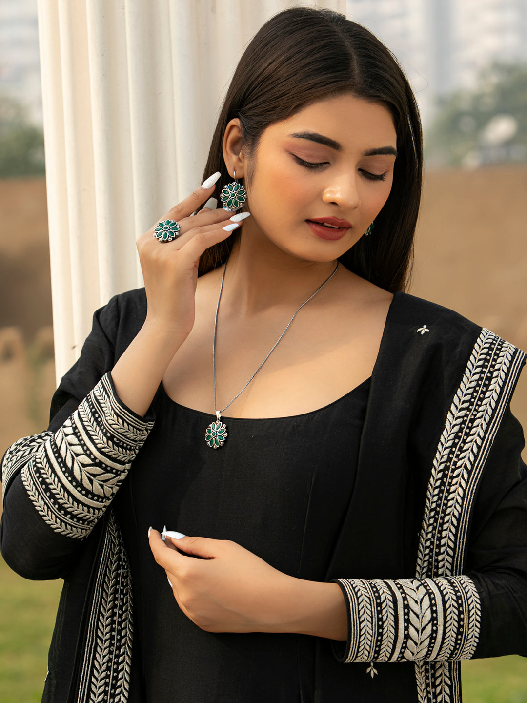 Priyaasi Women Green Floral Silver Plated Jewellery Set - Grab2buy