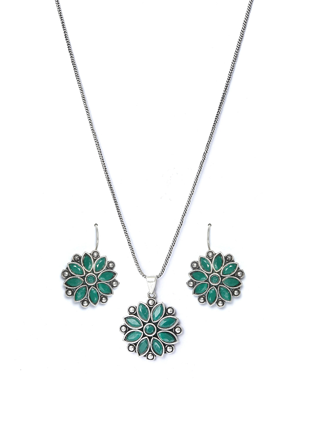 Priyaasi Women Green Floral Silver Plated Jewellery Set - Grab2buy