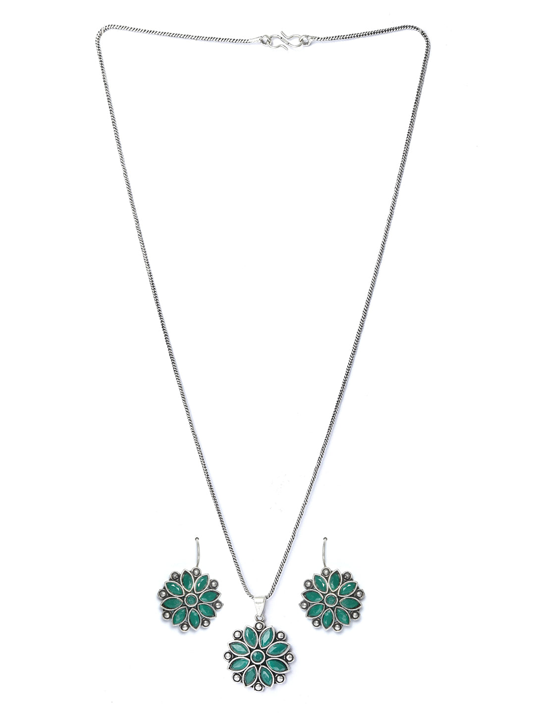 Priyaasi Women Green Floral Silver Plated Jewellery Set - Grab2buy