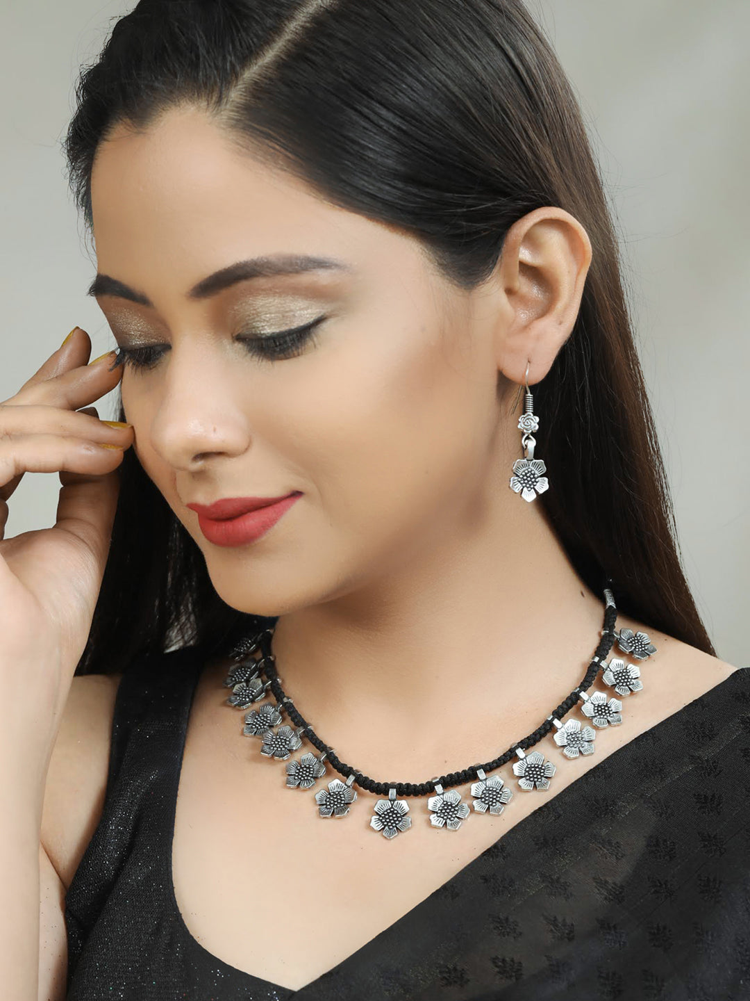 Priyaasi Women Black German Silver Plated Jewellery Set - Grab2buy