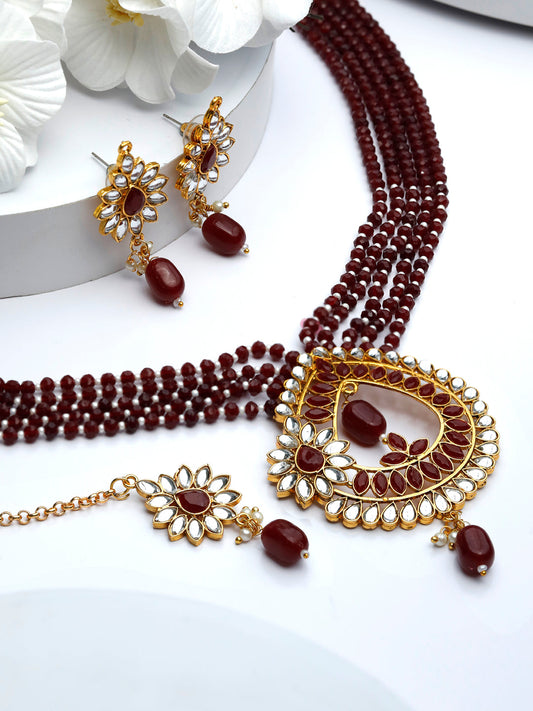 Priyaasi Women Maroon Gold Plated Kundan Jewellery Set - Grab2buy