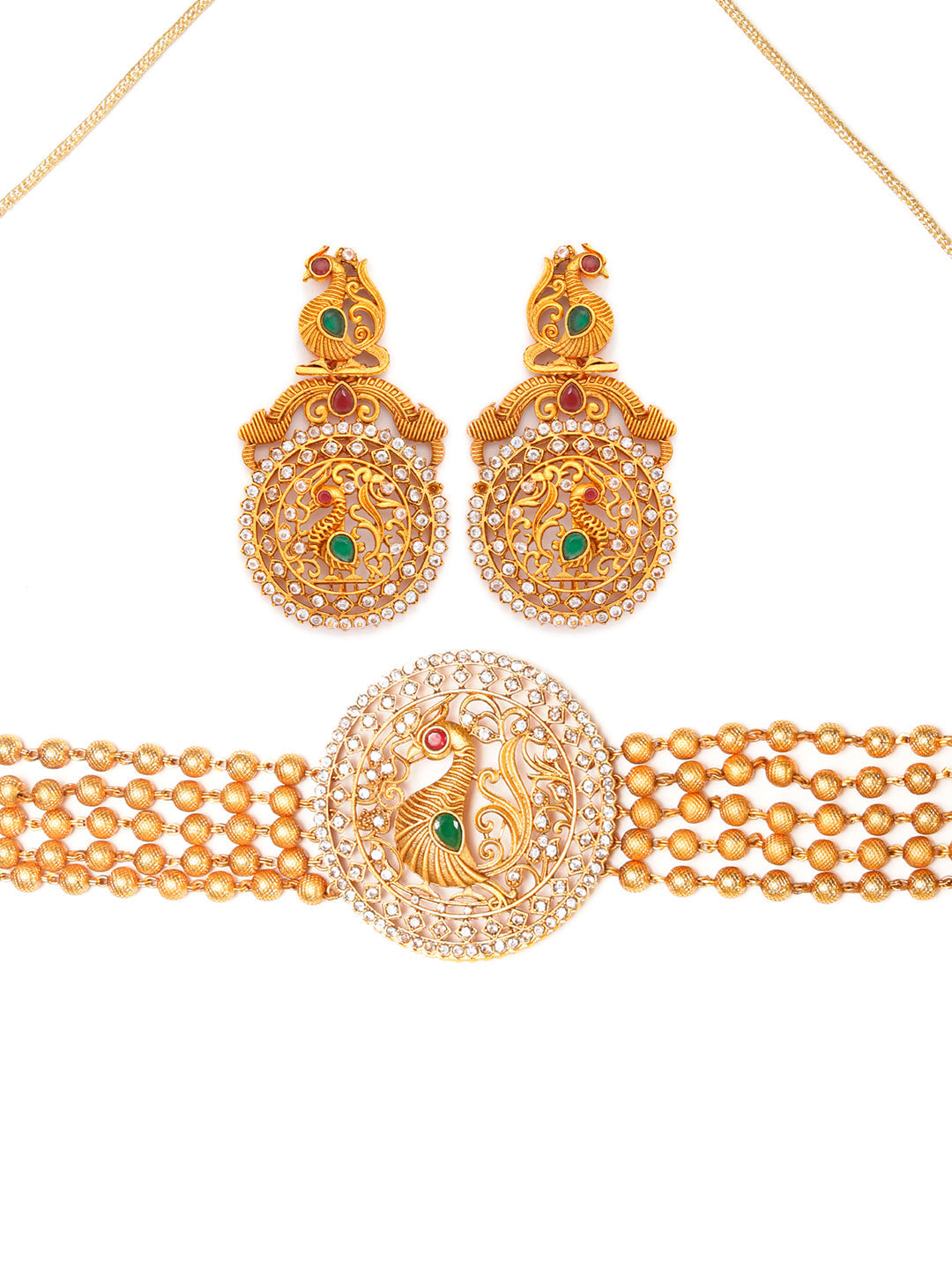 Priyaasi Women Traditional Ruby & Emerald Gold Plated Peacock Jewellery Set - Grab2buy