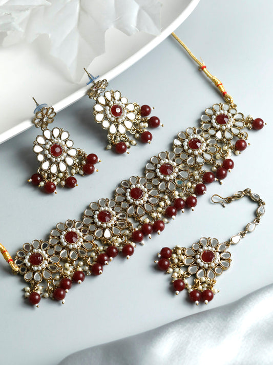 Priyaasi Women Mirror Studded Maroon Floral Jewellery Set - Grab2buy