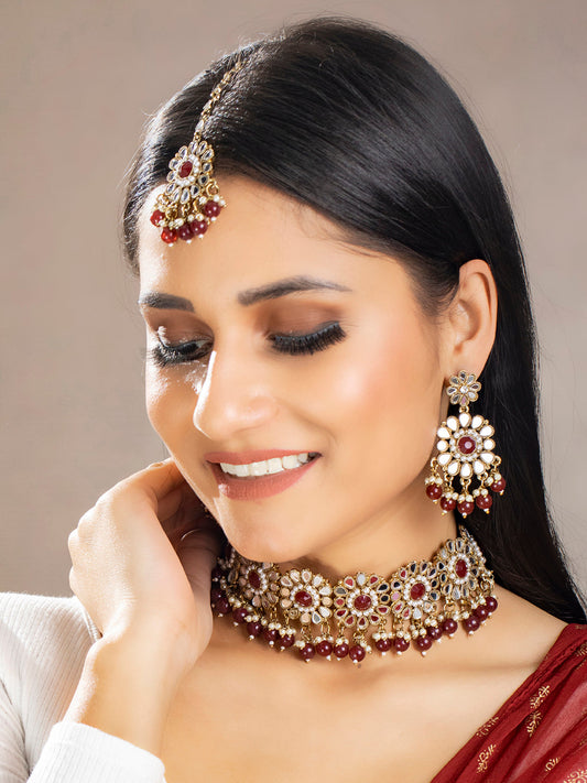 Priyaasi Women Mirror Studded Maroon Floral Jewellery Set - Grab2buy
