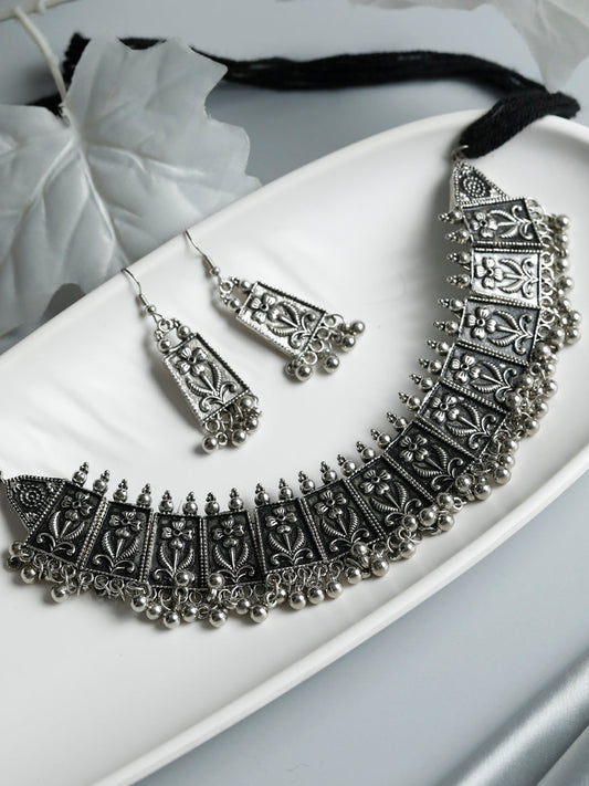 Priyaasi Women Tribal Oxidised Silver Floral Jewellery Set - Grab2buy