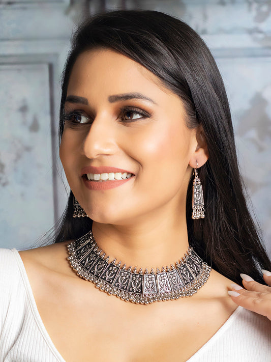Priyaasi Women Tribal Oxidised Silver Floral Jewellery Set - Grab2buy