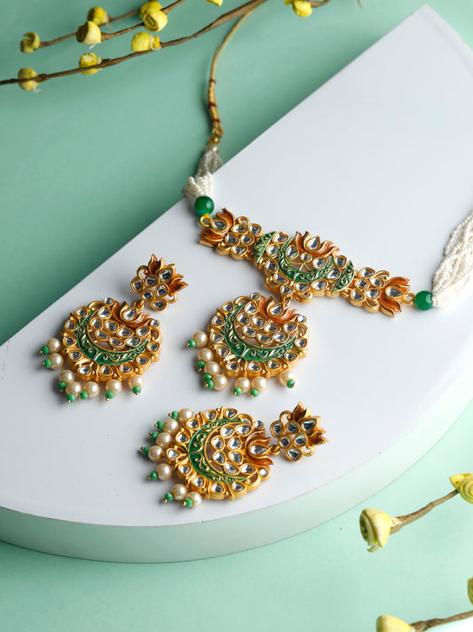 Priyaasi Women Kundan Green & Gold Lotus Meenakari Jewellery Set - Grab2buy