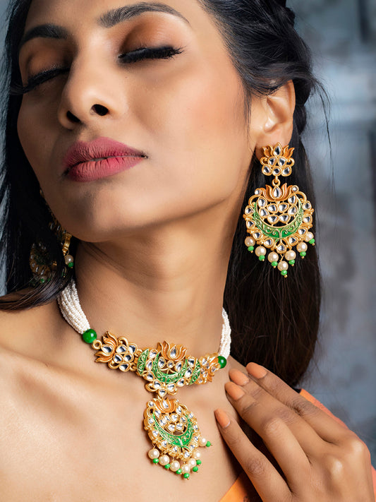 Priyaasi Women Kundan Green & Gold Lotus Meenakari Jewellery Set - Grab2buy