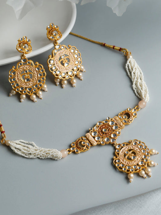 Priyaasi Women Gold & Peach Kundan Meenakari Jewellery Set - Grab2buy