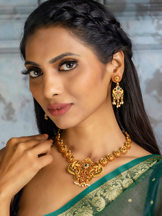 Priyaasi Women Traditional Real Kemp Gold Plated Peacock Jewellery Set - Grab2buy