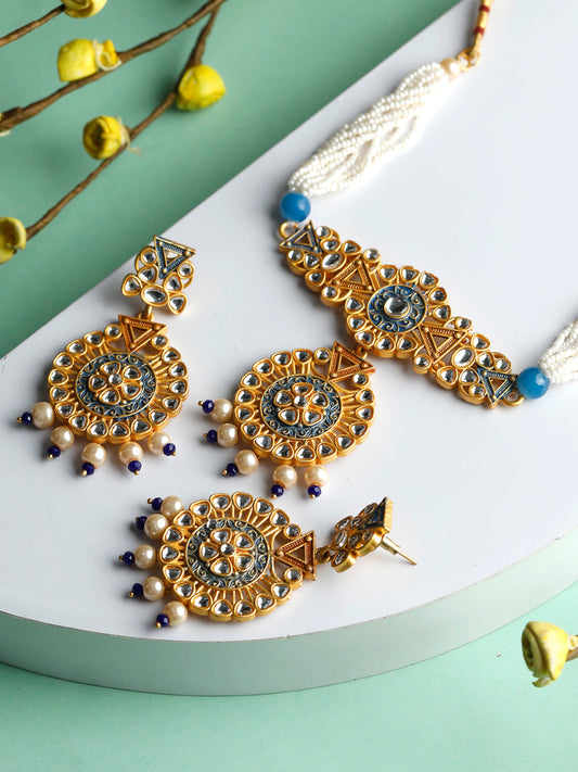 Priyaasi Women Ethnic Gold & Blue Kundan Studded Meenakari Jewellery Set - Grab2buy