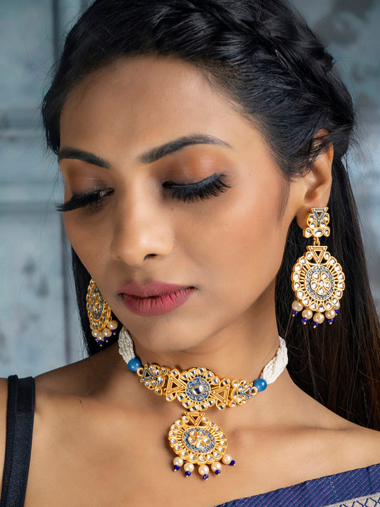 Priyaasi Women Ethnic Gold & Blue Kundan Studded Meenakari Jewellery Set - Grab2buy