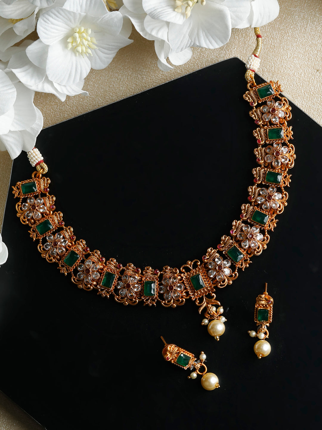 Priyaasi Women Ethnic Ruby & Green Gold Plated Floral Jewellery Set - Grab2buy