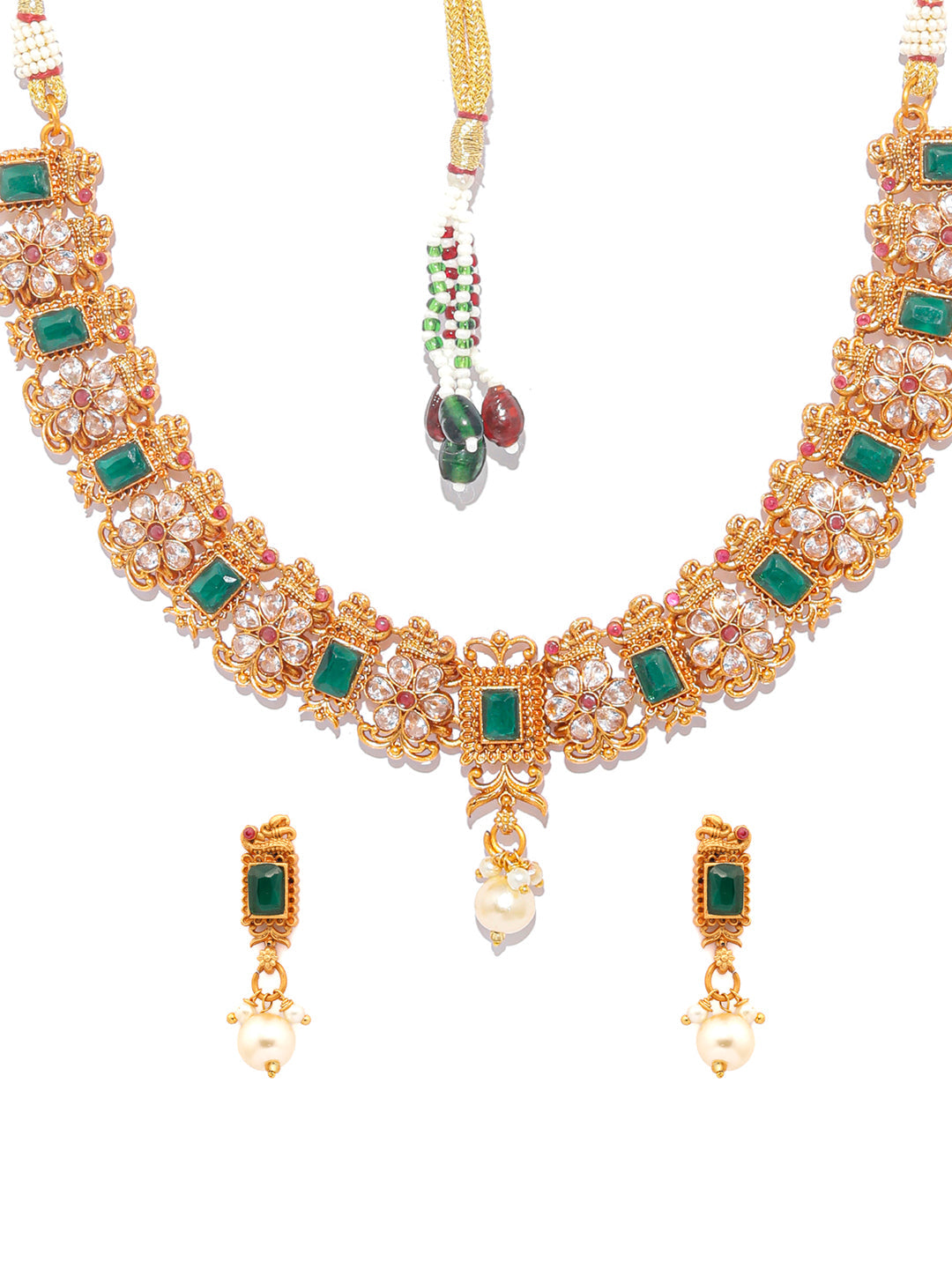 Priyaasi Women Ethnic Ruby & Green Gold Plated Floral Jewellery Set - Grab2buy