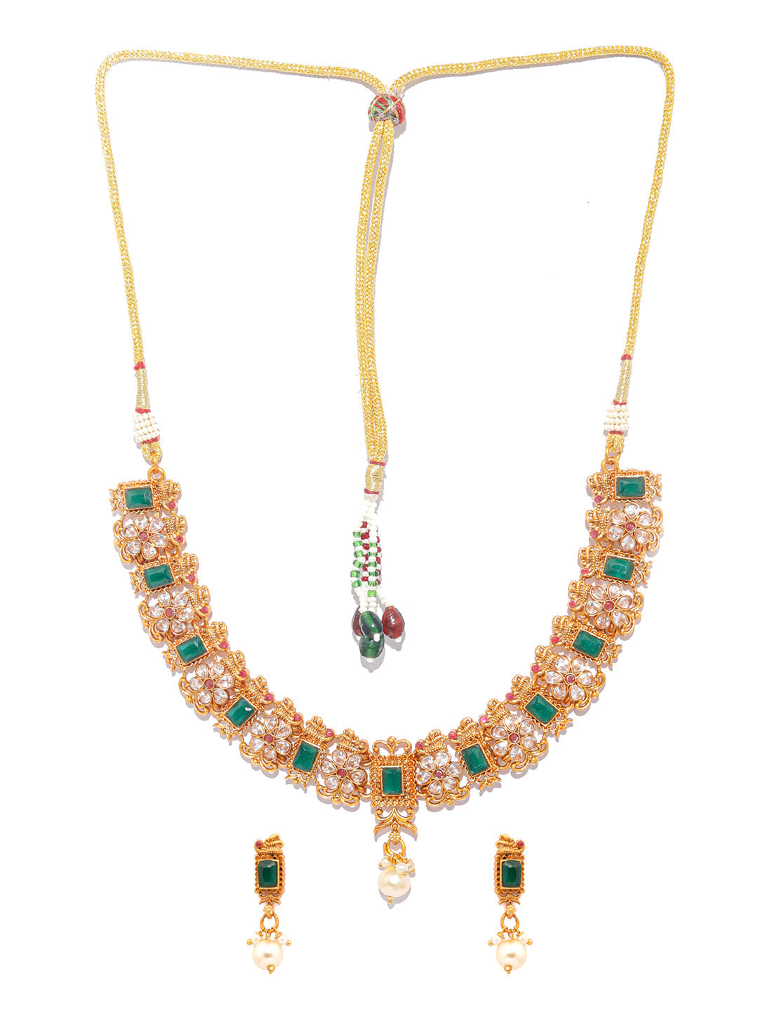 Priyaasi Women Ethnic Ruby & Green Gold Plated Floral Jewellery Set - Grab2buy