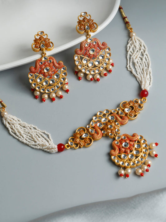 Priyaasi Women Ethnic Gold & Red Floral Meenakari Jewellery Set - Grab2buy