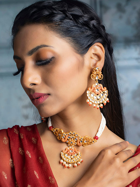 Priyaasi Women Ethnic Gold & Red Floral Meenakari Jewellery Set - Grab2buy