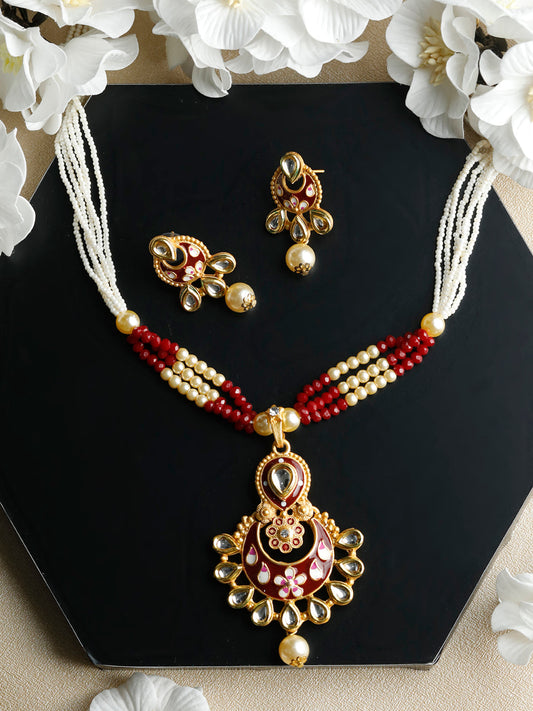 Priyaasi Women Ethnic Gold & Red Kundan Meenakari Jewellery Set - Grab2buy