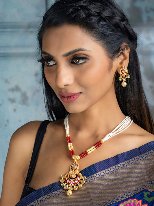 Priyaasi Women Ethnic Gold & Red Kundan Meenakari Jewellery Set - Grab2buy