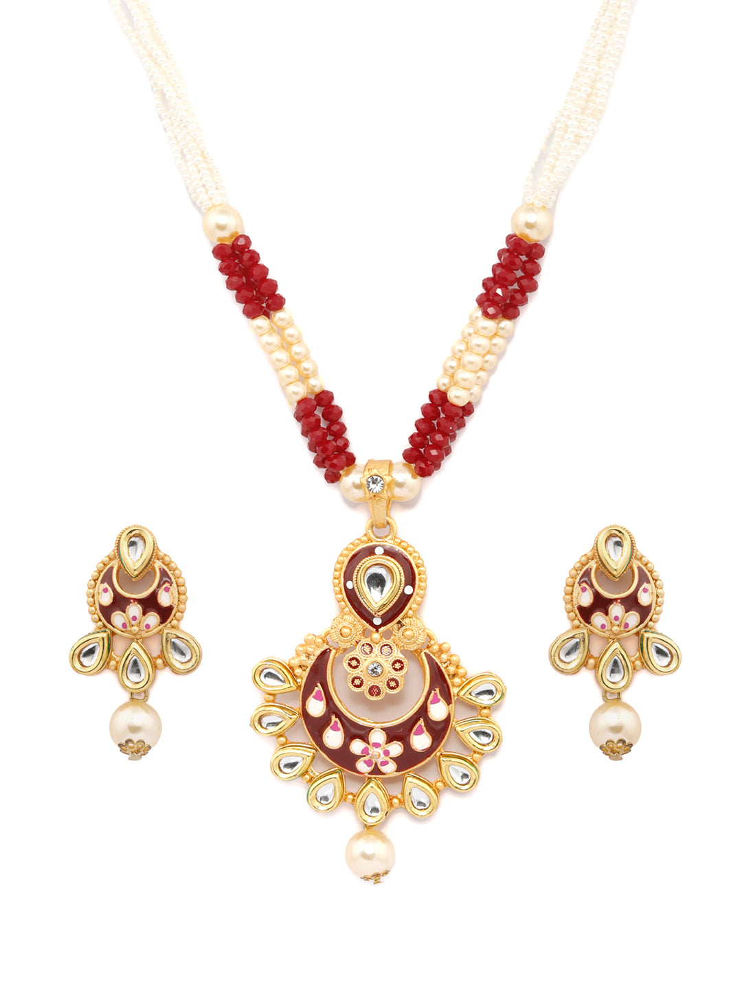 Priyaasi Women Ethnic Gold & Red Kundan Meenakari Jewellery Set - Grab2buy