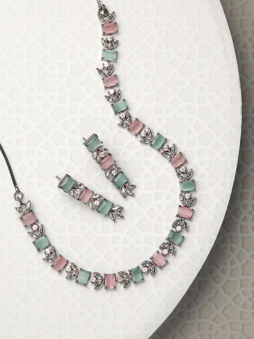 Priyaasi Women Contemporary American Diamond Silver Plated Jewellery Set - Grab2buy