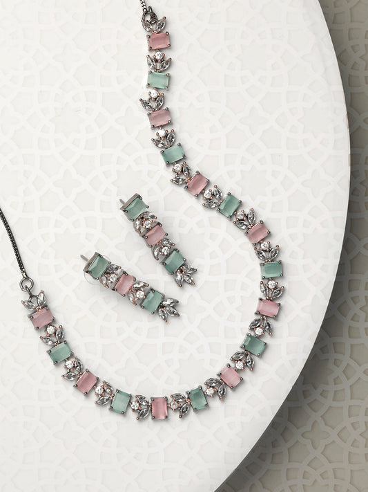 Priyaasi Women Contemporary American Diamond Silver Plated Jewellery Set - Grab2buy