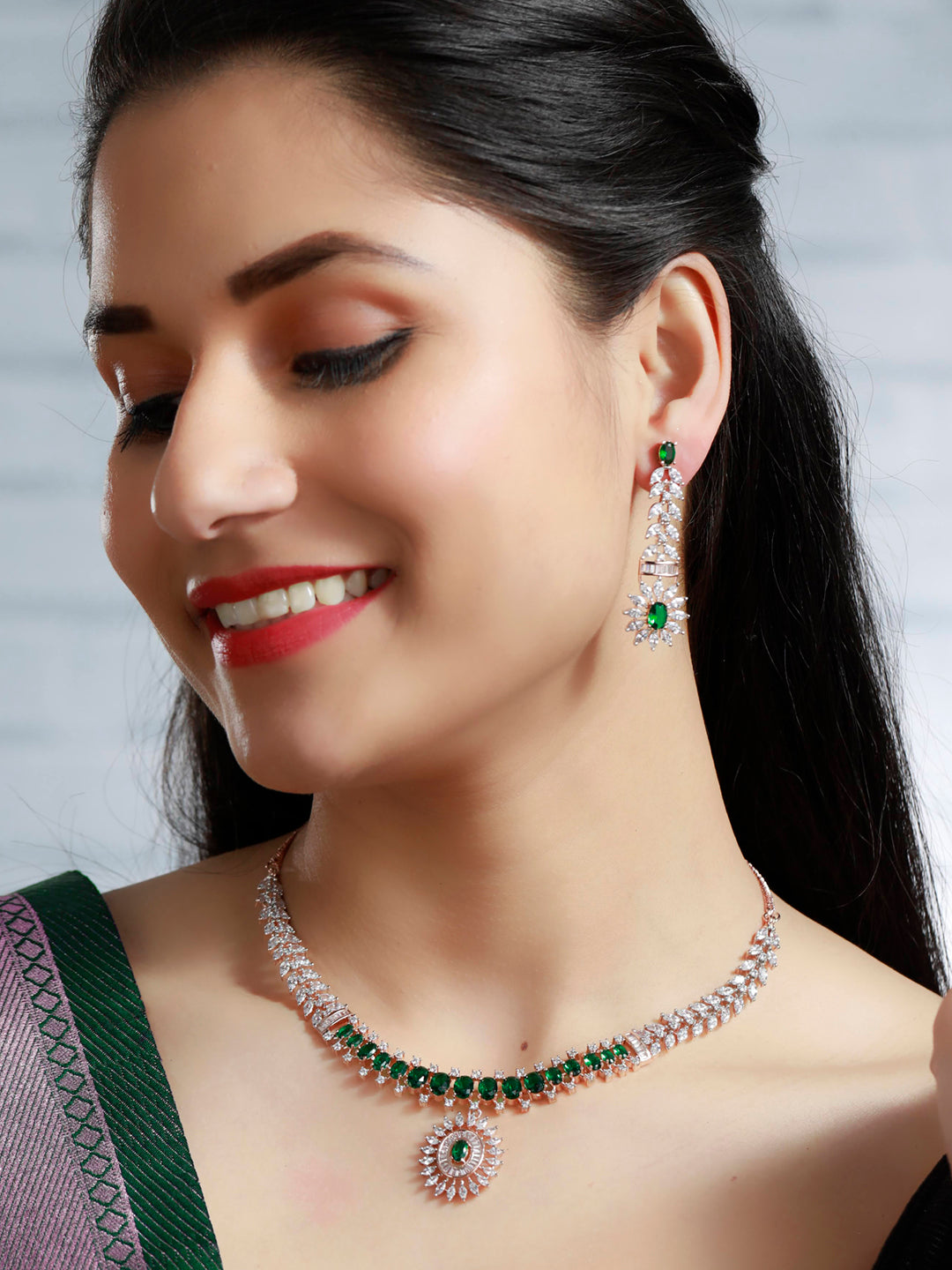Priyaasi Women Green American Diamond Rose Gold Jewellery Set - Grab2buy