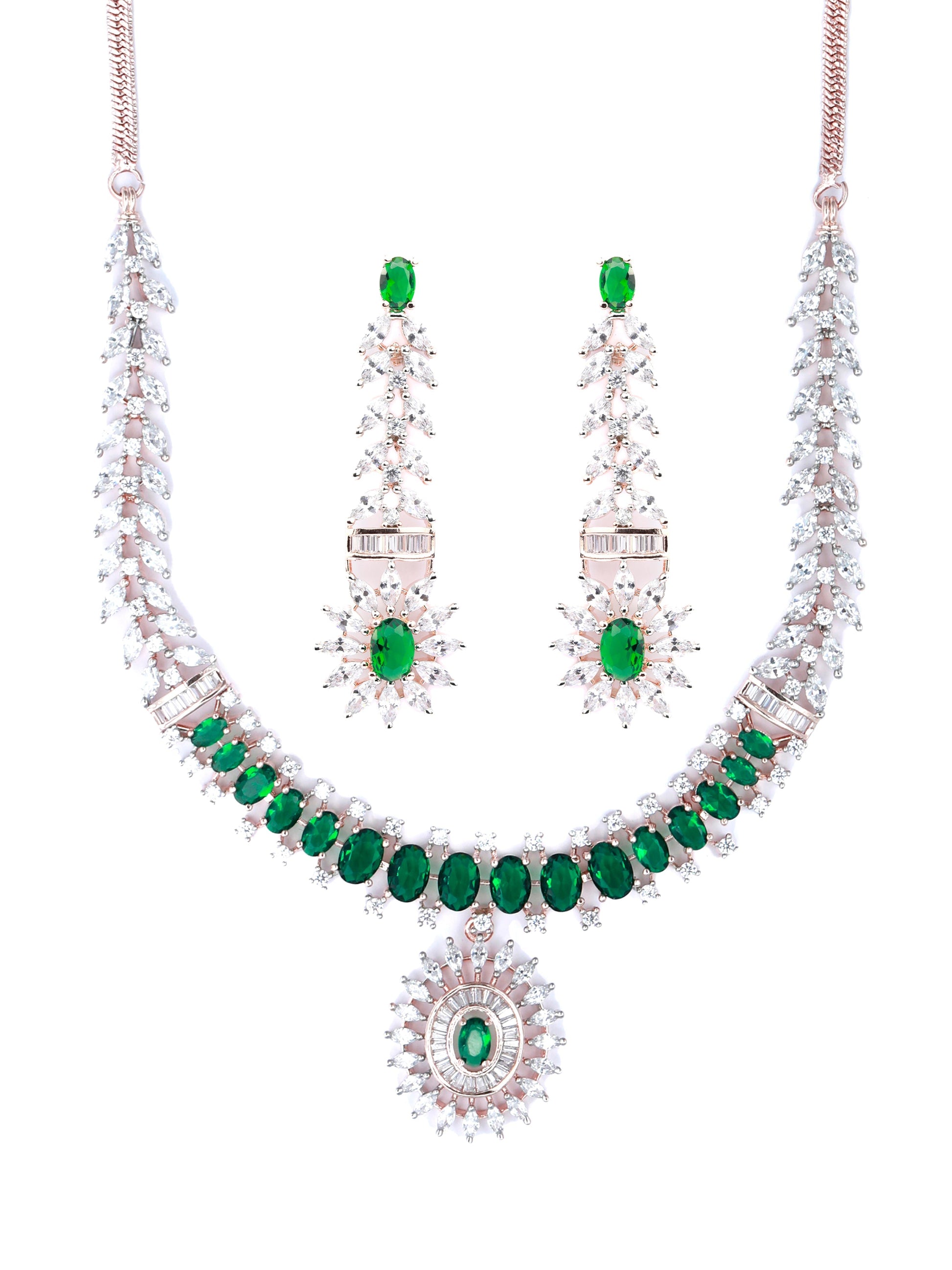 Priyaasi Women Green American Diamond Rose Gold Jewellery Set - Grab2buy