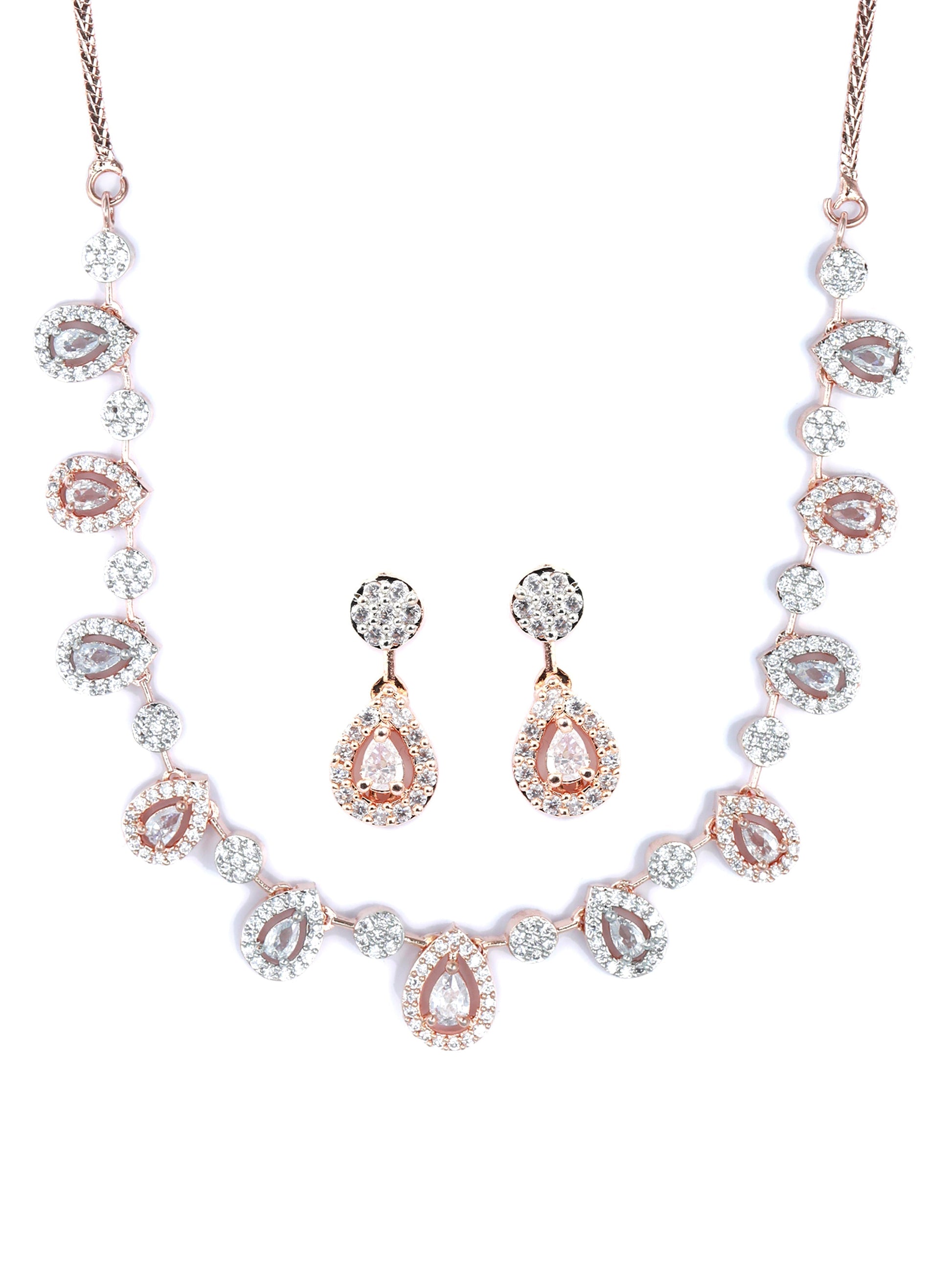 Priyaasi Women Elegant Teardrop Shaped American Diamond Rose Gold Jewellery Set - Grab2buy