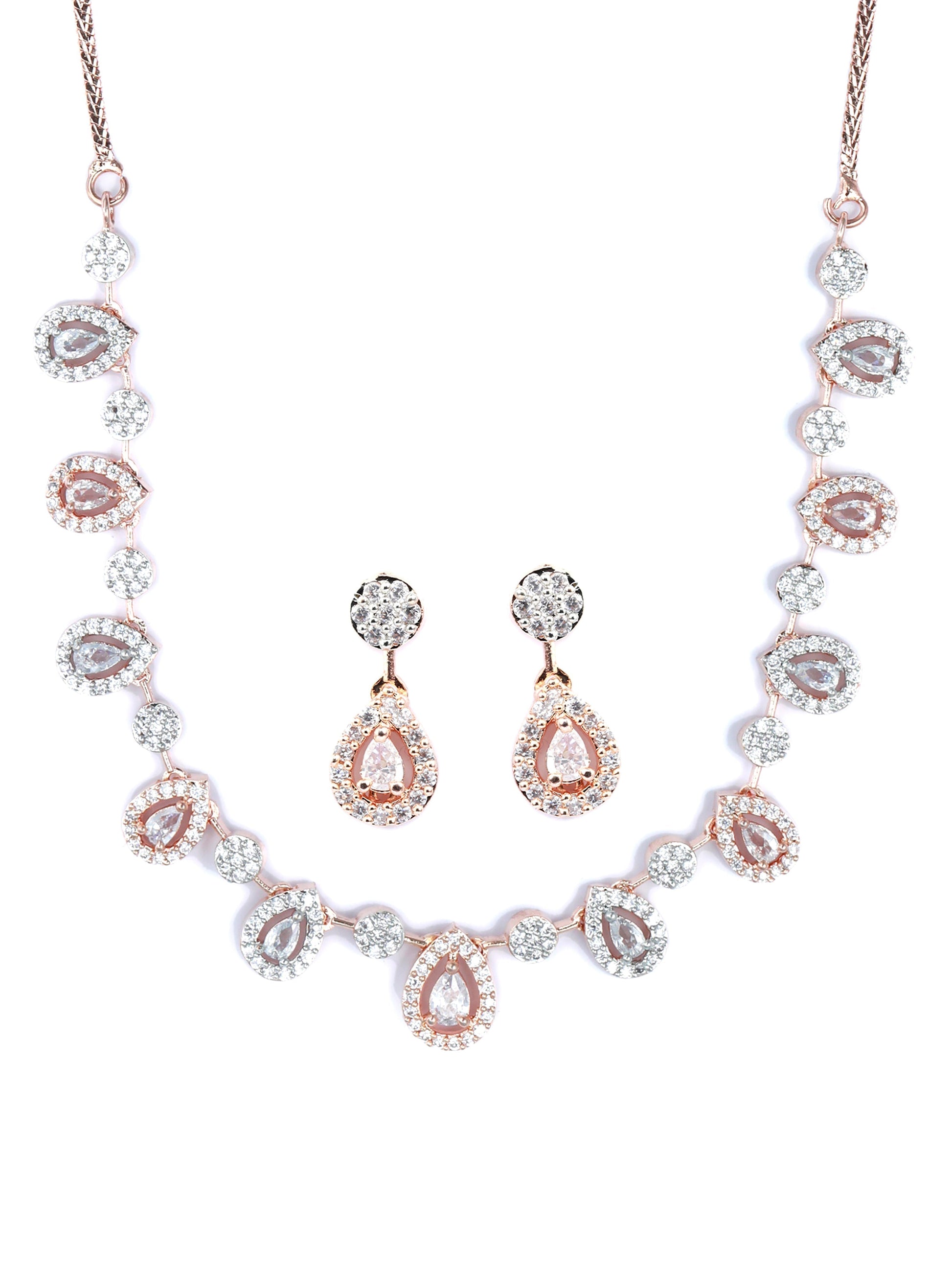 Priyaasi Women Elegant Teardrop Shaped American Diamond Rose Gold Jewellery Set - Swadesiicart