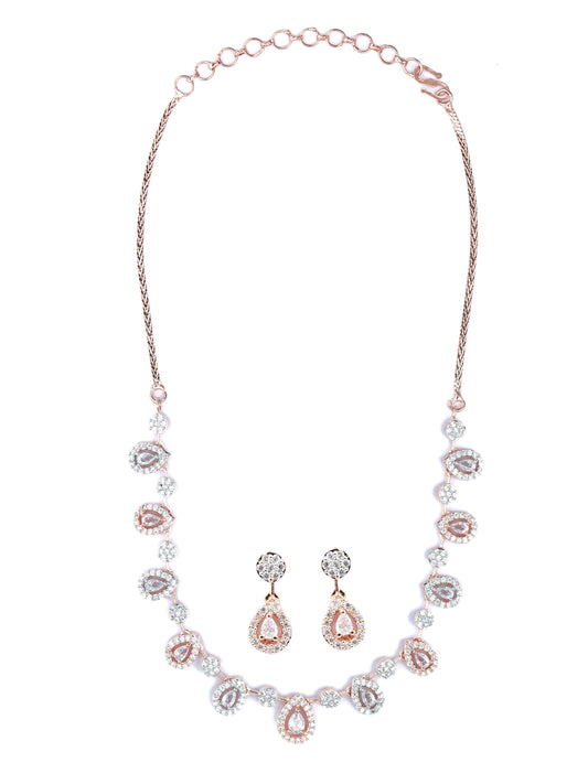 Priyaasi Women Elegant Teardrop Shaped American Diamond Rose Gold Jewellery Set - Grab2buy