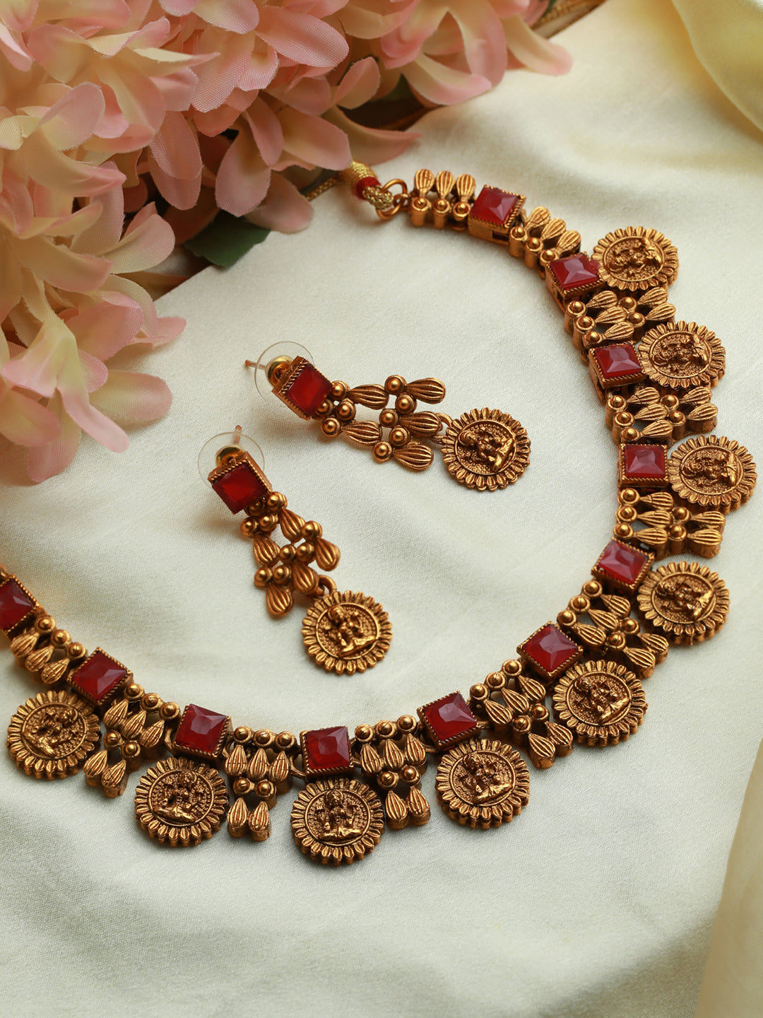 Priyaasi Women Goddess Laxmi Pink Stone Studded Gold Plated Jewellery Set - Grab2buy